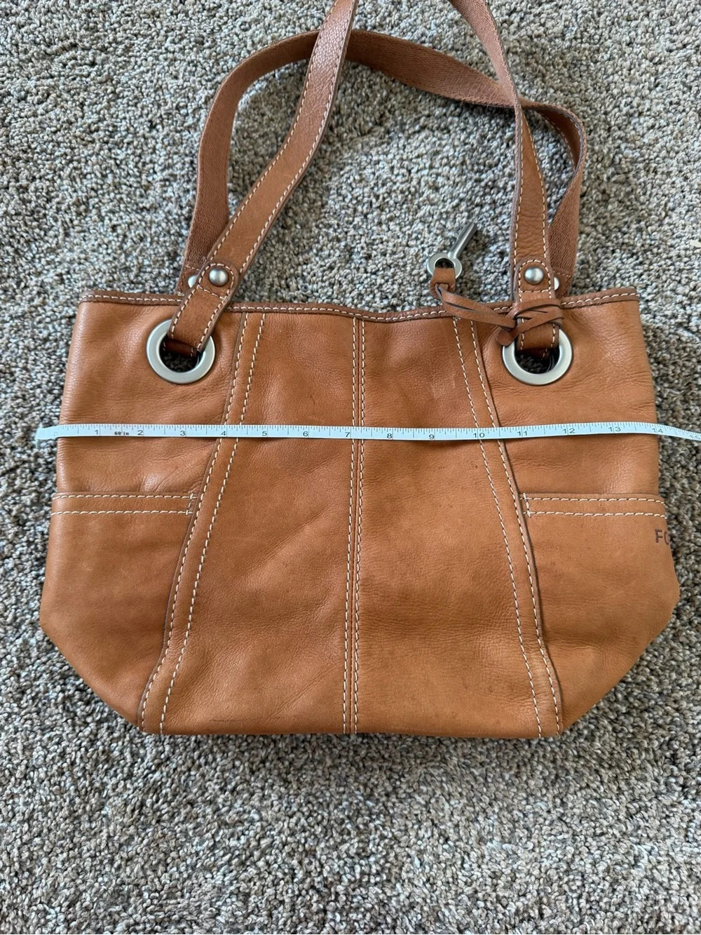FOSSIL Camel Brown Leather Vintage Hobo Shoulder Tote Bag w Silver Key Accent